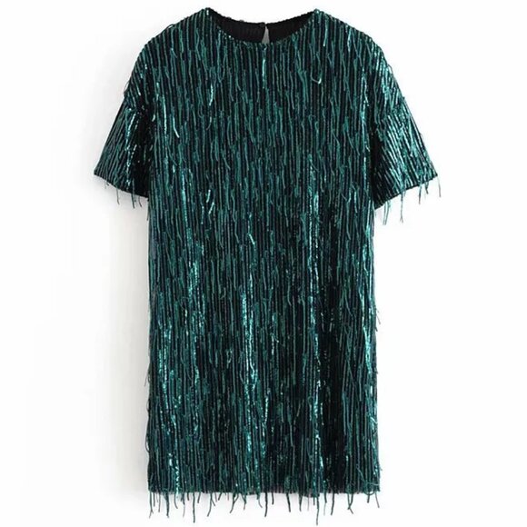 💥SHOWSTOPPER💥1920's Flapper Style Sequin & Fringe Cocktail Dr in Emerald Green - Picture 10 of 16